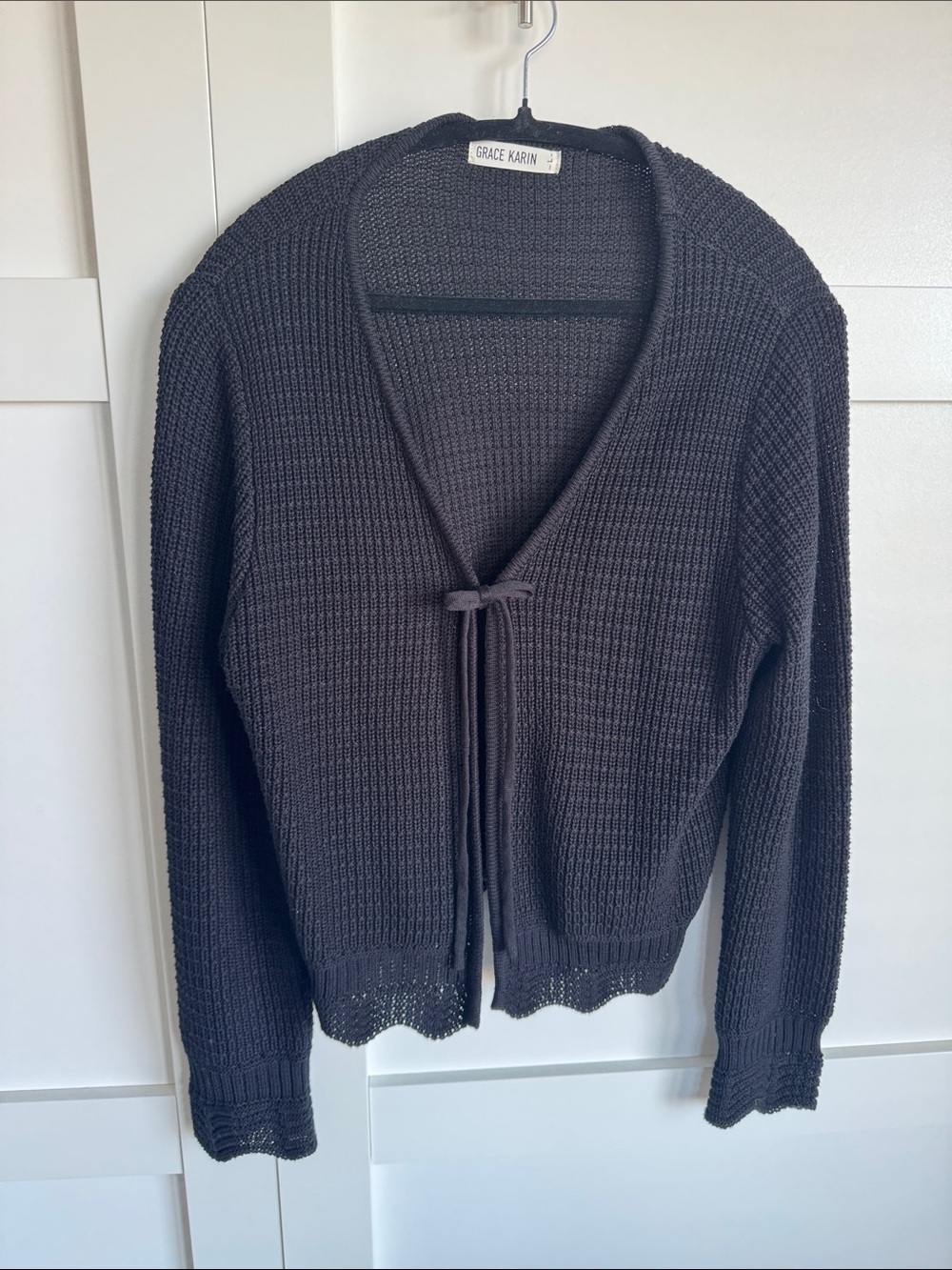 Grace Karin Black V‑Neck Knit Tie‑Front Cardigan